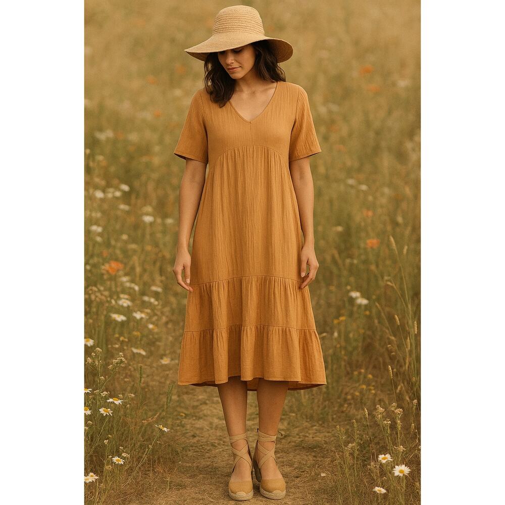 Cottage Emery Rose Womens L Coastal Textured Crinkle Tiered Midi Boho Dress